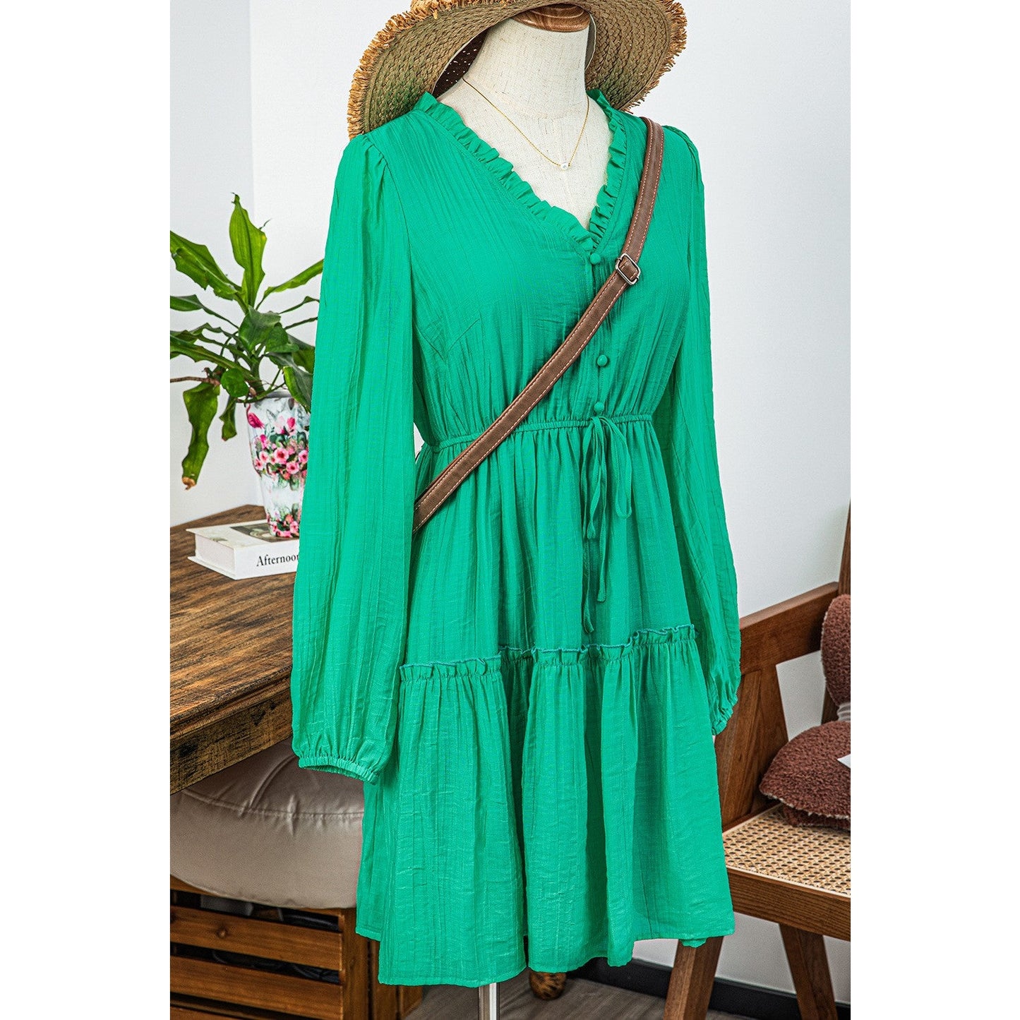 Laney Green Frilly V Neck Puff Sleeve Drawstring Shift Mini Dress