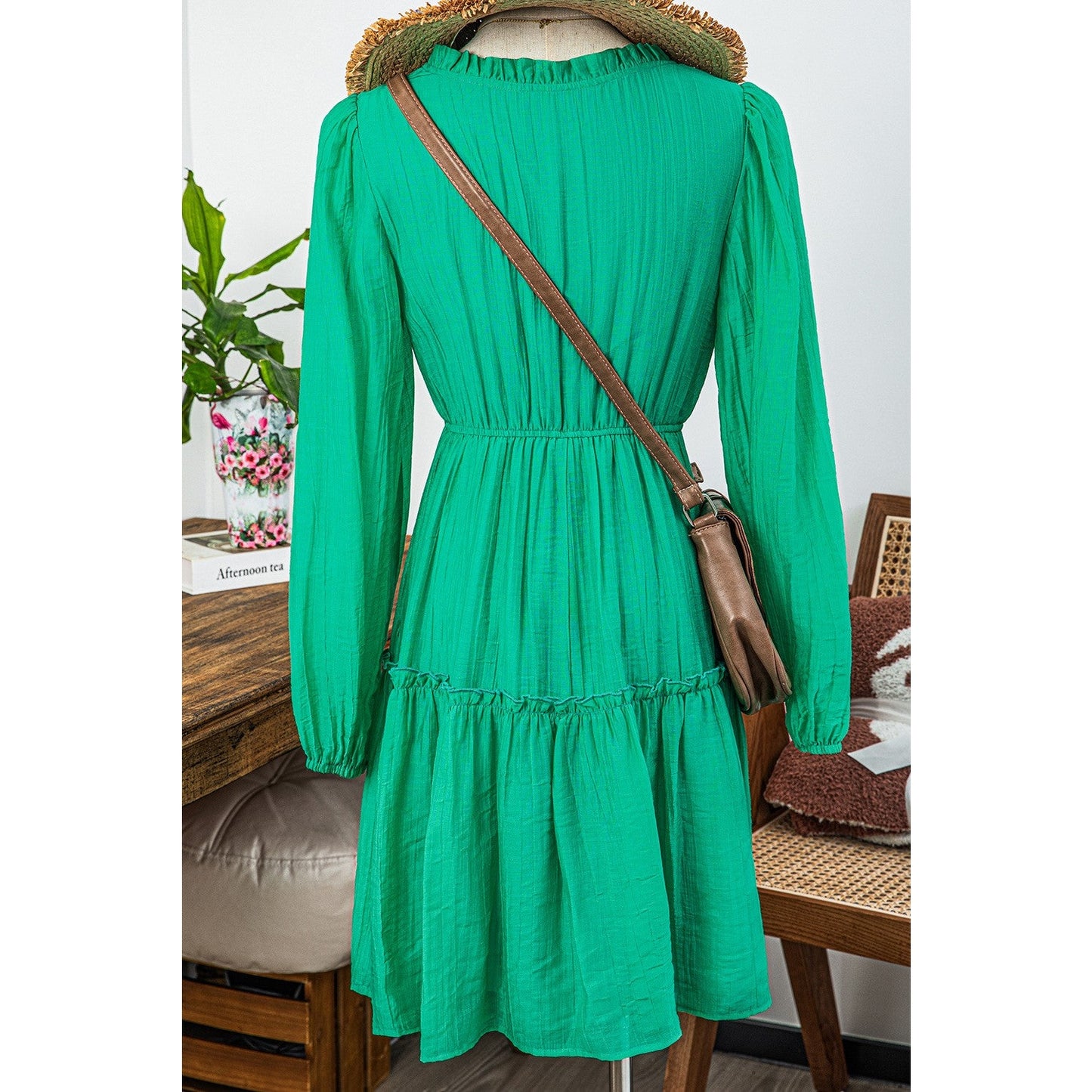 Laney Green Frilly V Neck Puff Sleeve Drawstring Shift Mini Dress