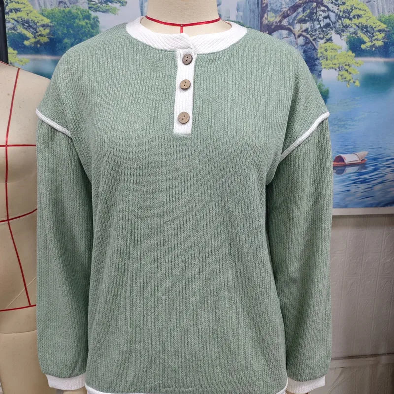 Lannah Green Knit Top with Button Accent