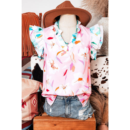 Laquitta Floral Patchwork Notched Neck Flutter Sleeve Blouse