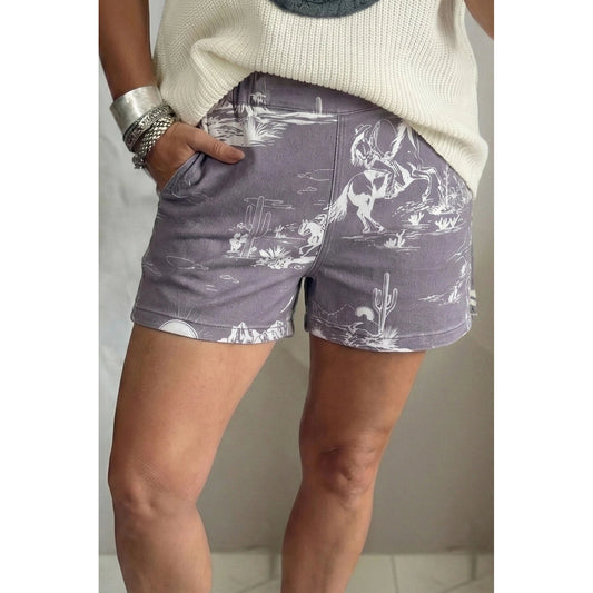 SALE!!!  Larue Western Print Elastic Waist Cotton Denim Shorts