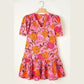 Latrice Pink Floral Bubble Sleeve V Neck Ruffled Mini Dress