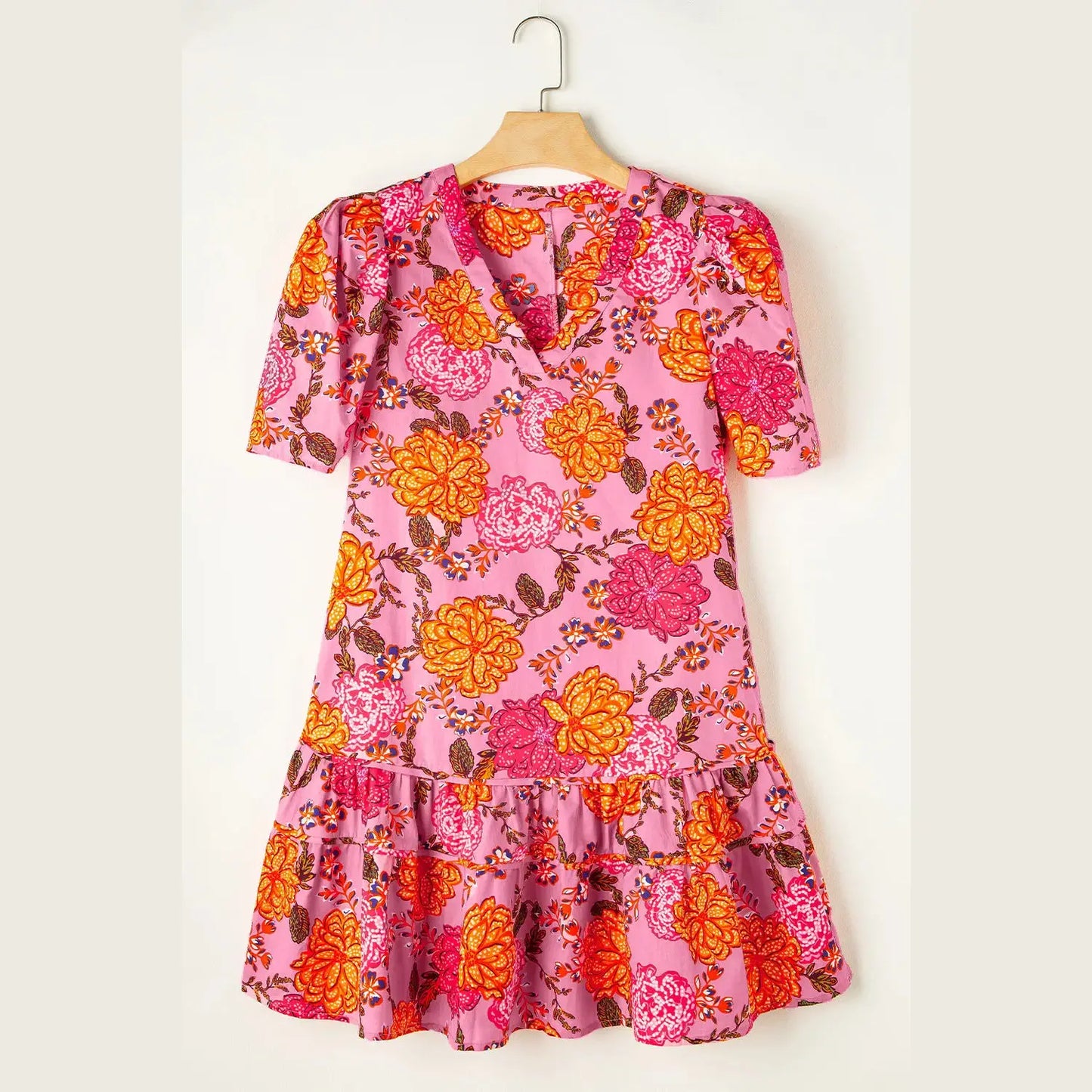 Latrice Pink Floral Bubble Sleeve V Neck Ruffled Mini Dress