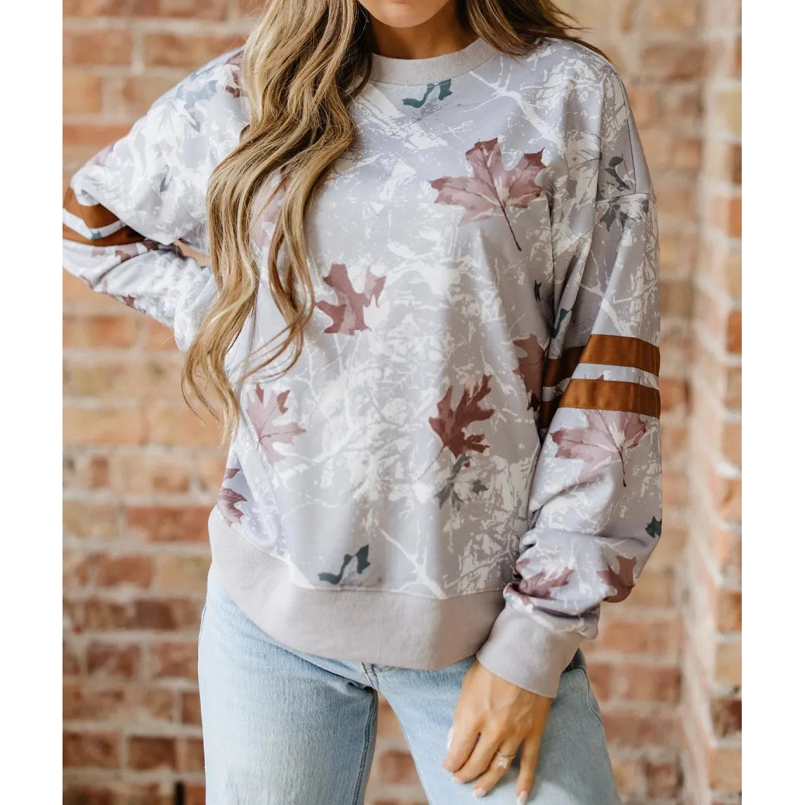 SALE!!!  Laur Maple Leaf Camo Print Varsity Striped Sleeve Casual Sweatshirt