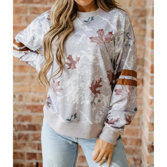 SALE!!!  Laur Maple Leaf Camo Print Varsity Striped Sleeve Casual Sweatshirt