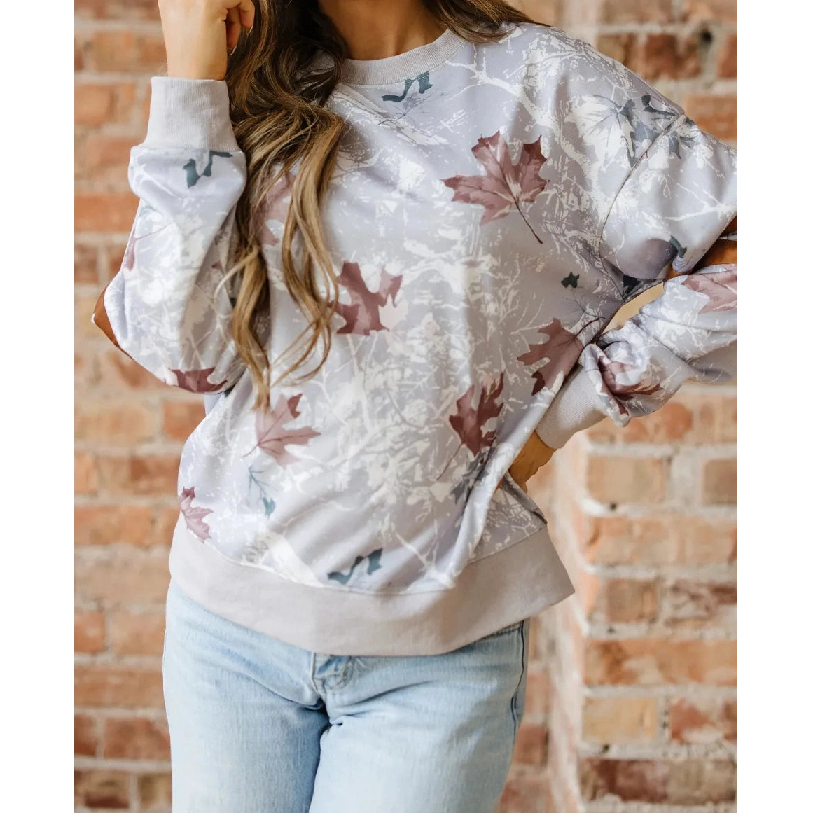 SALE!!!  Laur Maple Leaf Camo Print Varsity Striped Sleeve Casual Sweatshirt