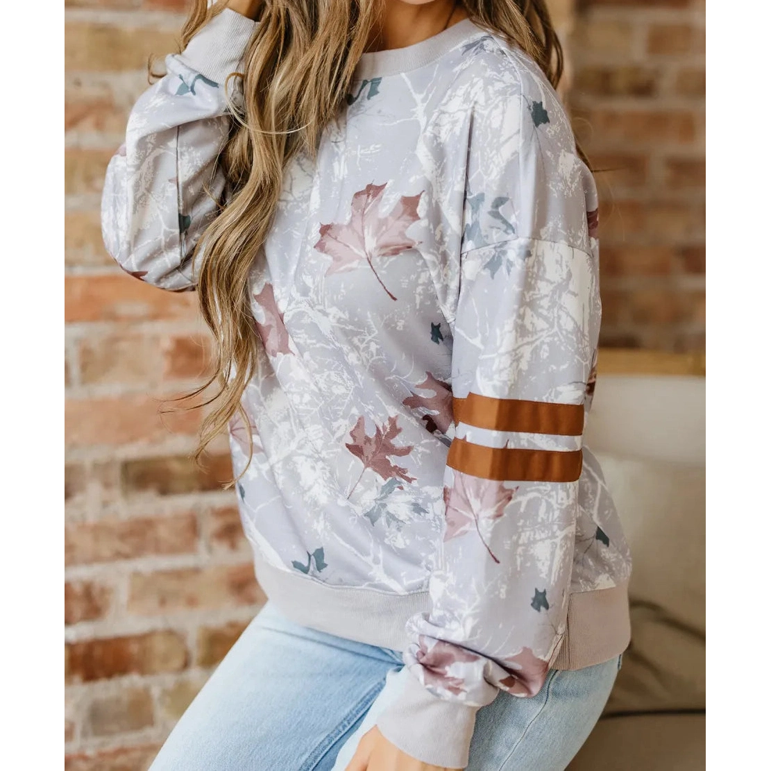 SALE!!!  Laur Maple Leaf Camo Print Varsity Striped Sleeve Casual Sweatshirt