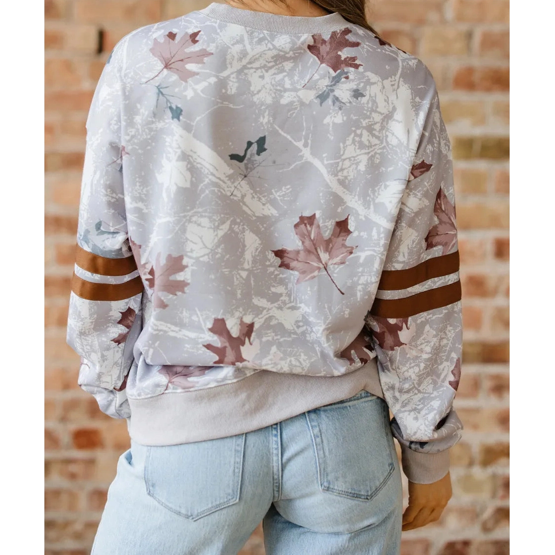 SALE!!!  Laur Maple Leaf Camo Print Varsity Striped Sleeve Casual Sweatshirt