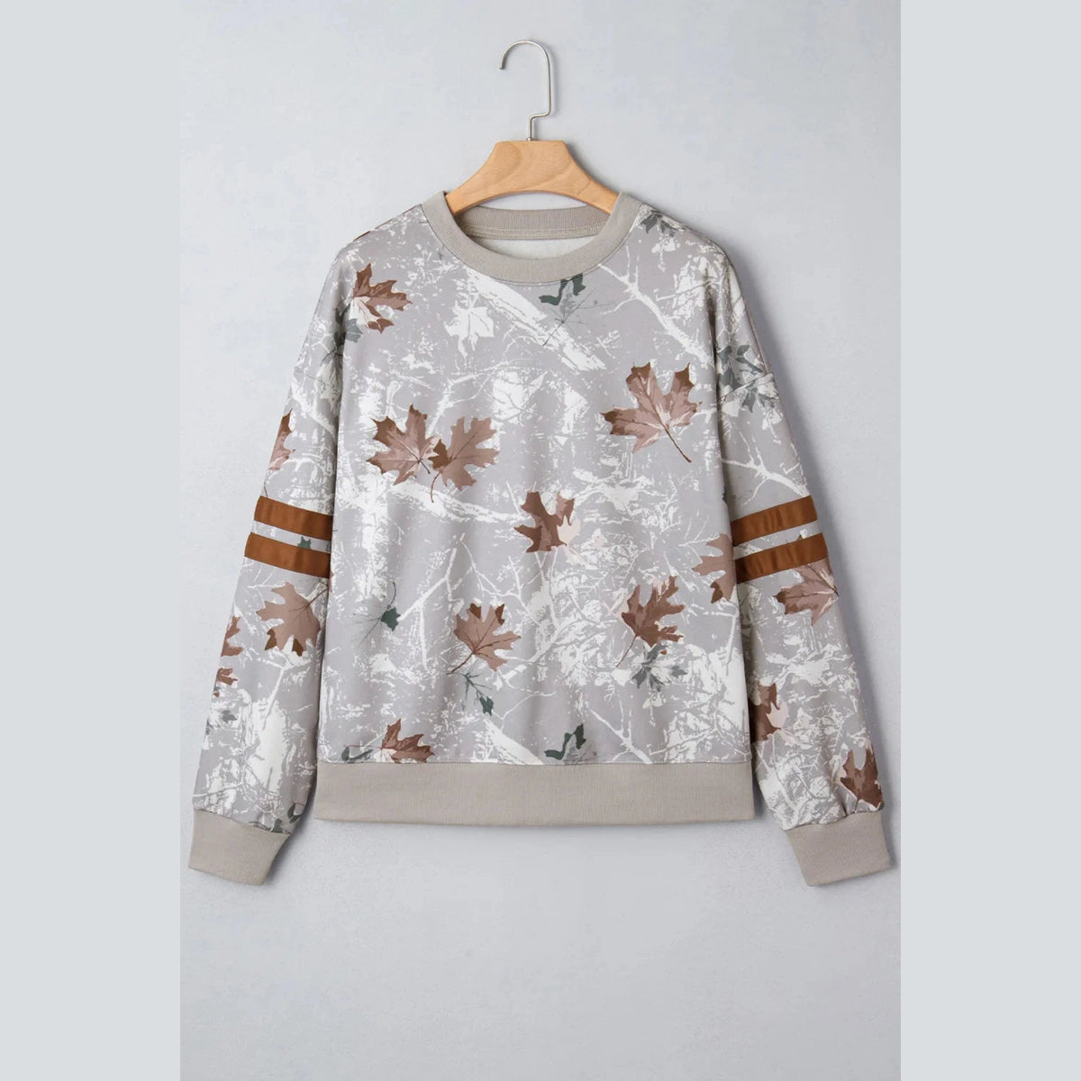 SALE!!!  Laur Maple Leaf Camo Print Varsity Striped Sleeve Casual Sweatshirt
