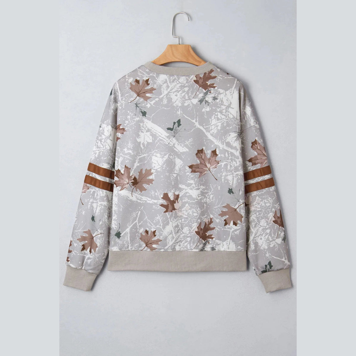 SALE!!!  Laur Maple Leaf Camo Print Varsity Striped Sleeve Casual Sweatshirt