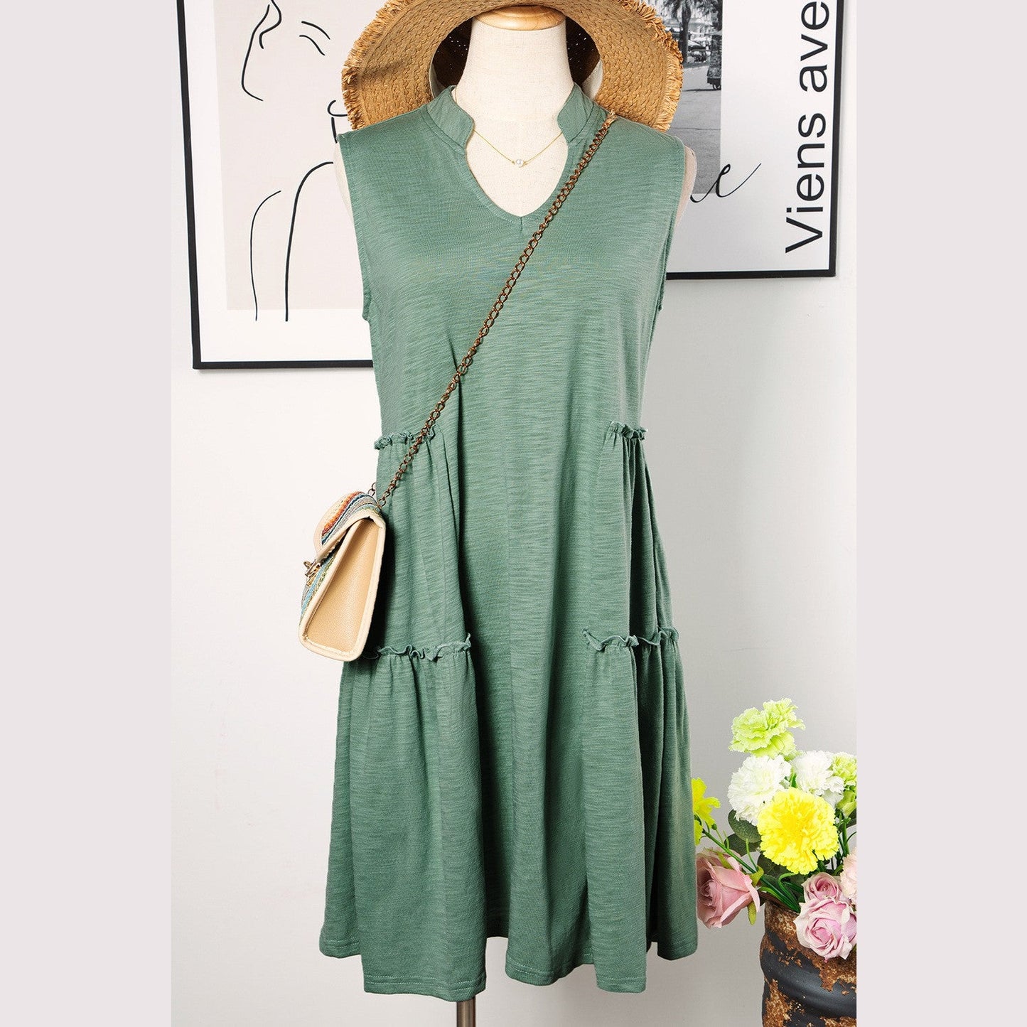 Laura Moonlight Jade Split V Neck Tiered Flowy Sleeveless Dress