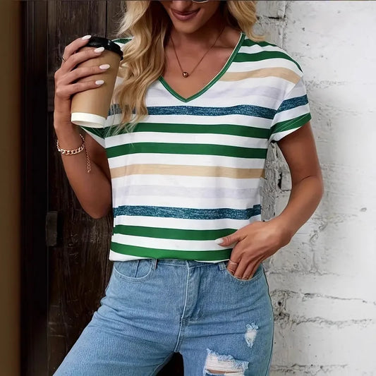 Laura V Neck Striped Short Sleeve Tee