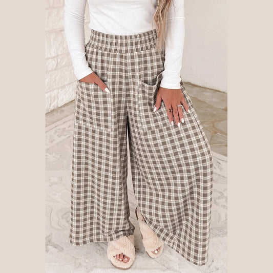 Laurey Khaki Plaid Elastic Waist Patch Pocket Wide Leg Pants