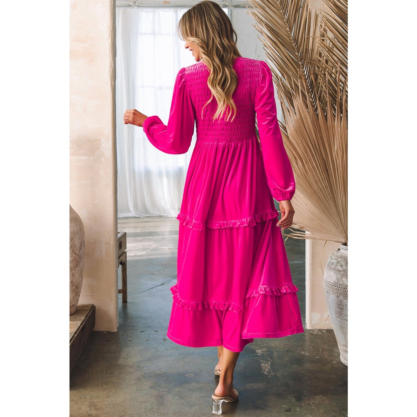 Laurey Shirred V Neck Long Sleeve Velvet Dress