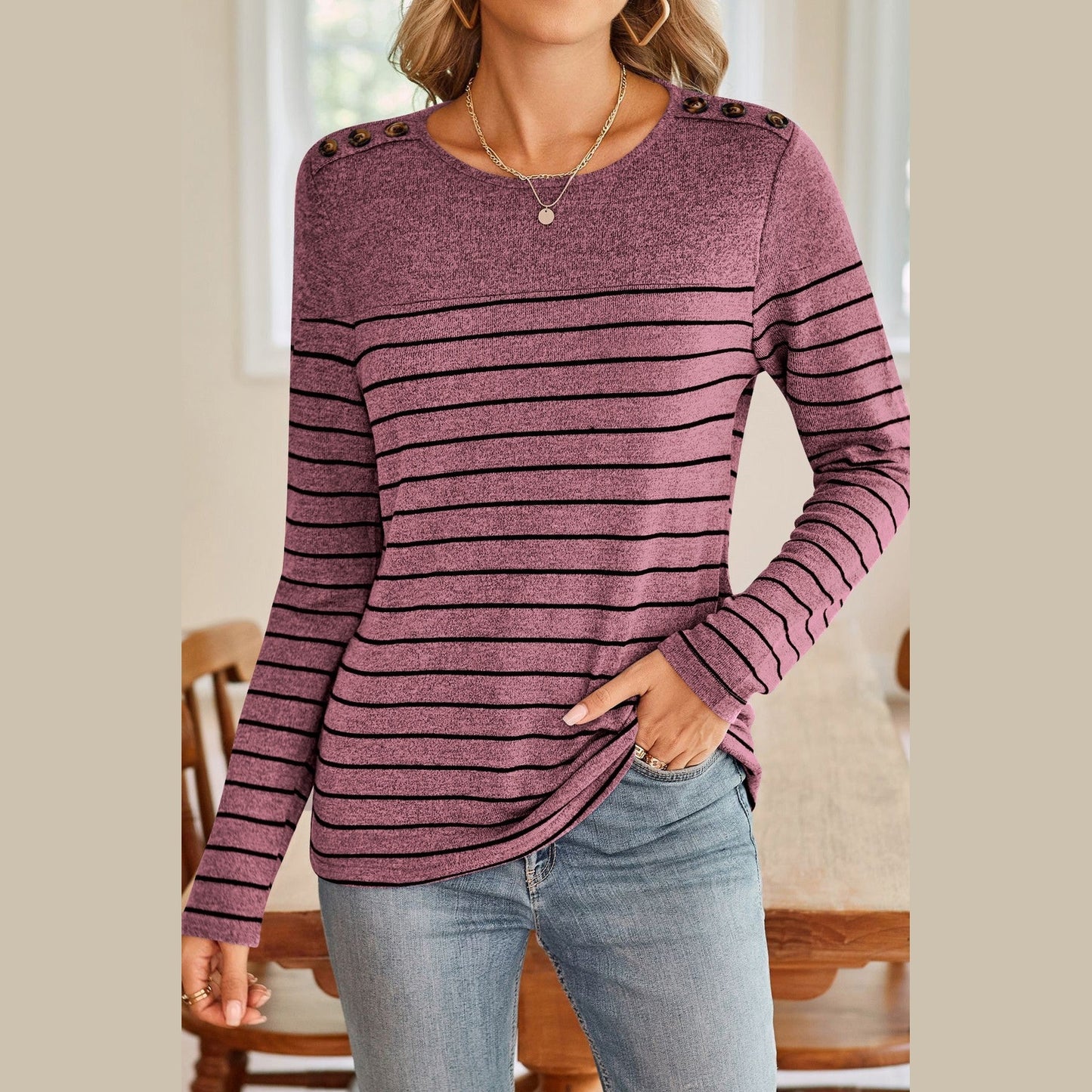 Lauri Wine Red Color Block Round Neck Long Sleeve Top