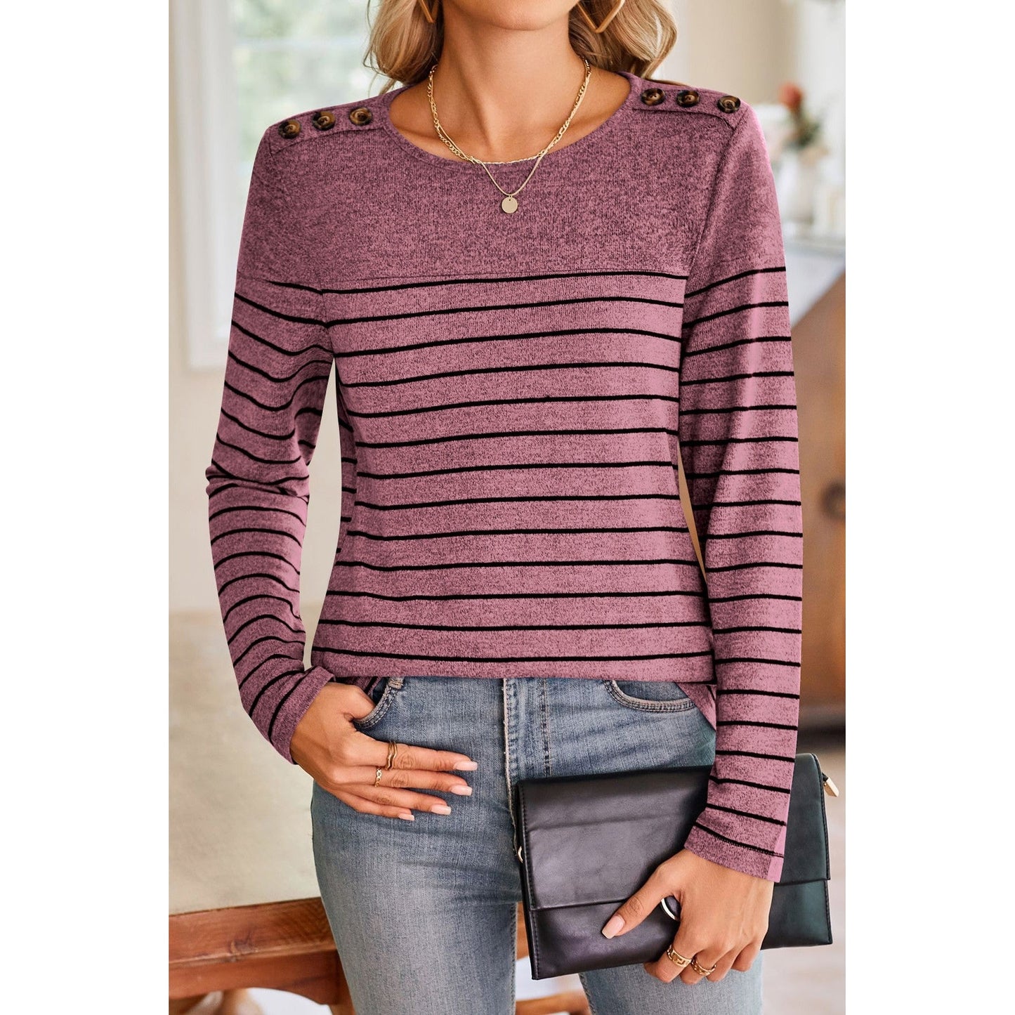 Lauri Wine Red Color Block Round Neck Long Sleeve Top