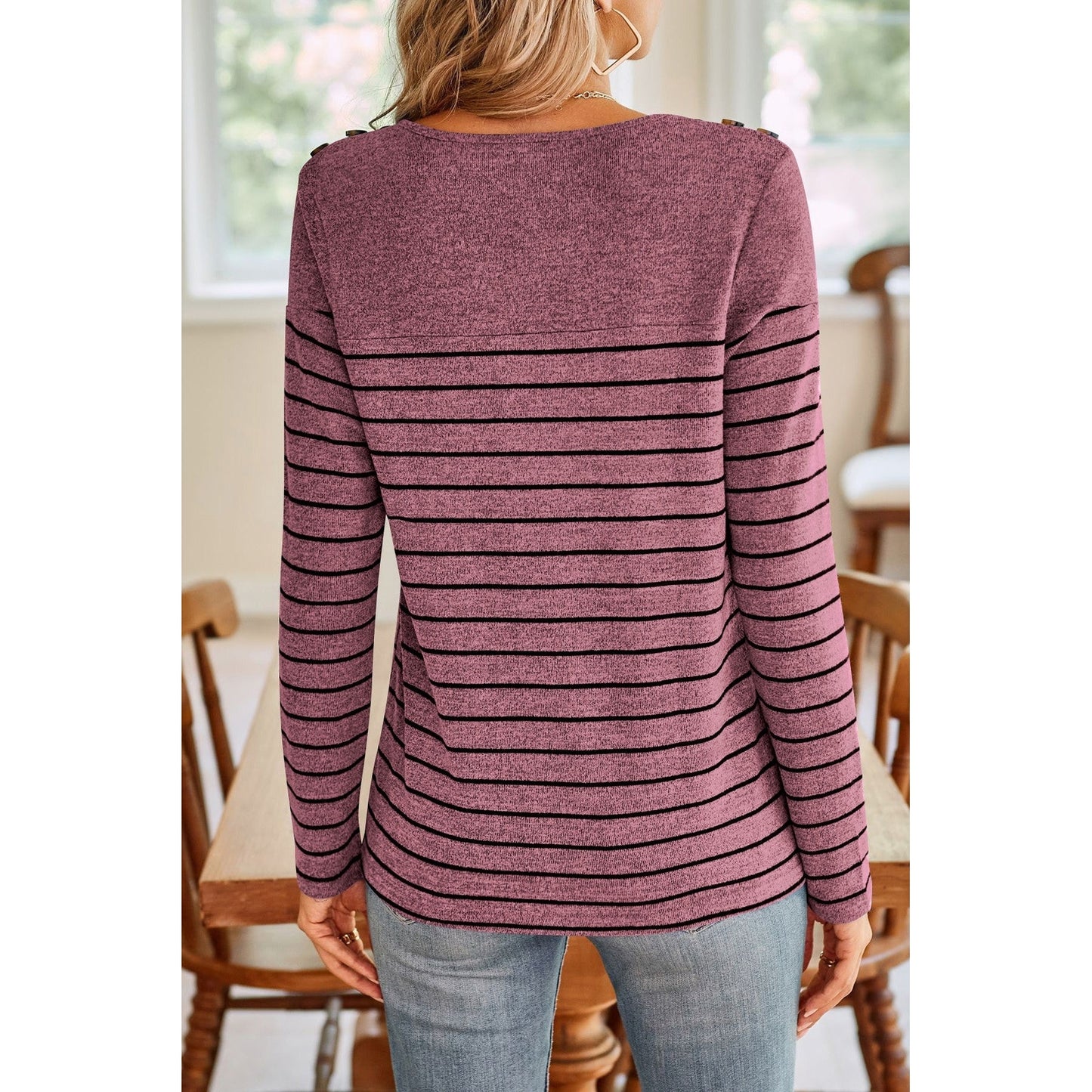 Lauri Wine Red Color Block Round Neck Long Sleeve Top