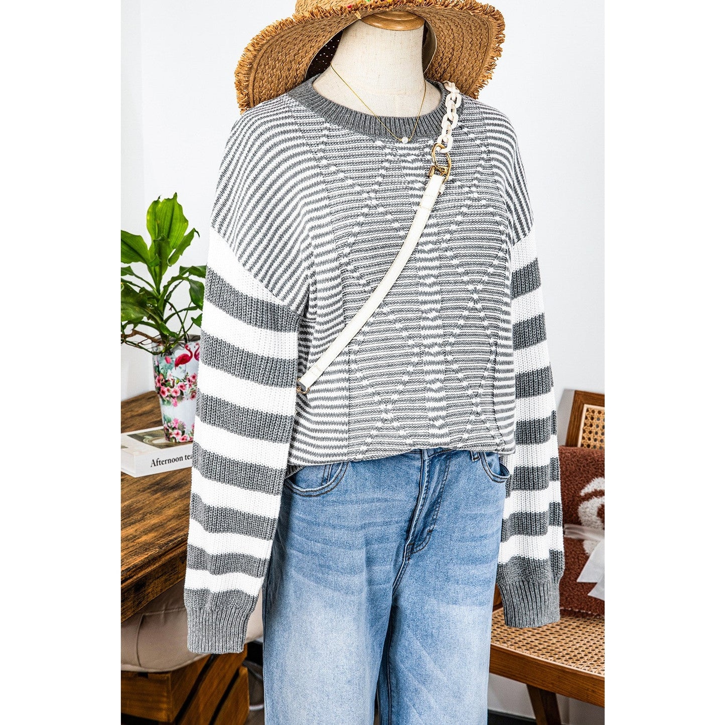 Laverna Grey Stripe Geometric Textured Drop Shoulder Sweater