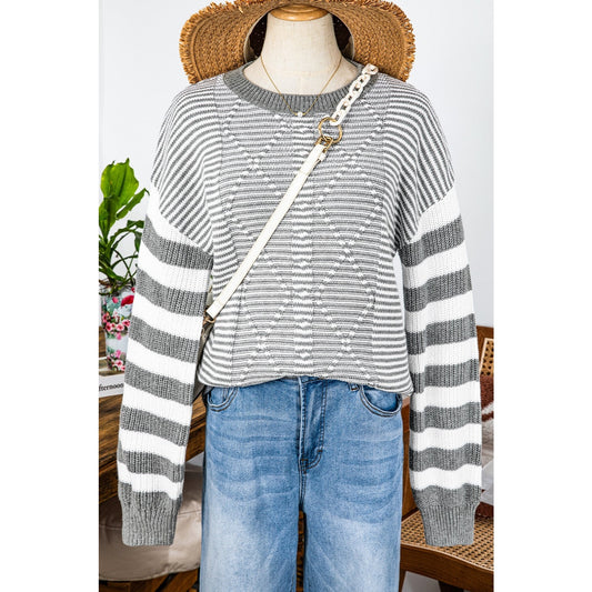 Laverna Grey Stripe Geometric Textured Drop Shoulder Sweater