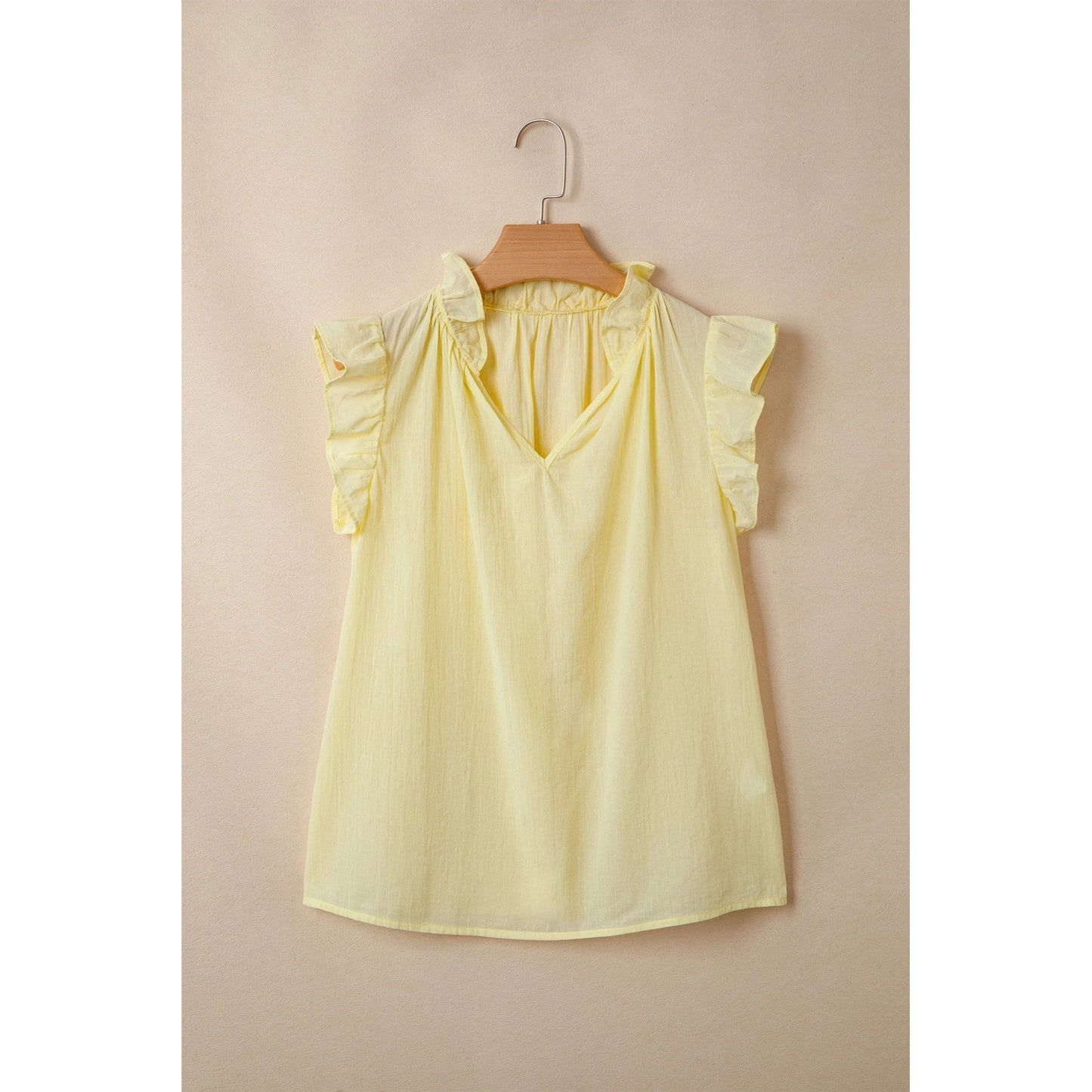 Lavine Yellow Cream V Neck Ruffle Trim Sleeveless Shift Top