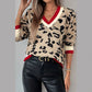 Lawayna Khaki Leopard Pattern V-Neck Contrast Rib Knitted Sweater