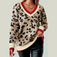 Lawayna Khaki Leopard Pattern V-Neck Contrast Rib Knitted Sweater