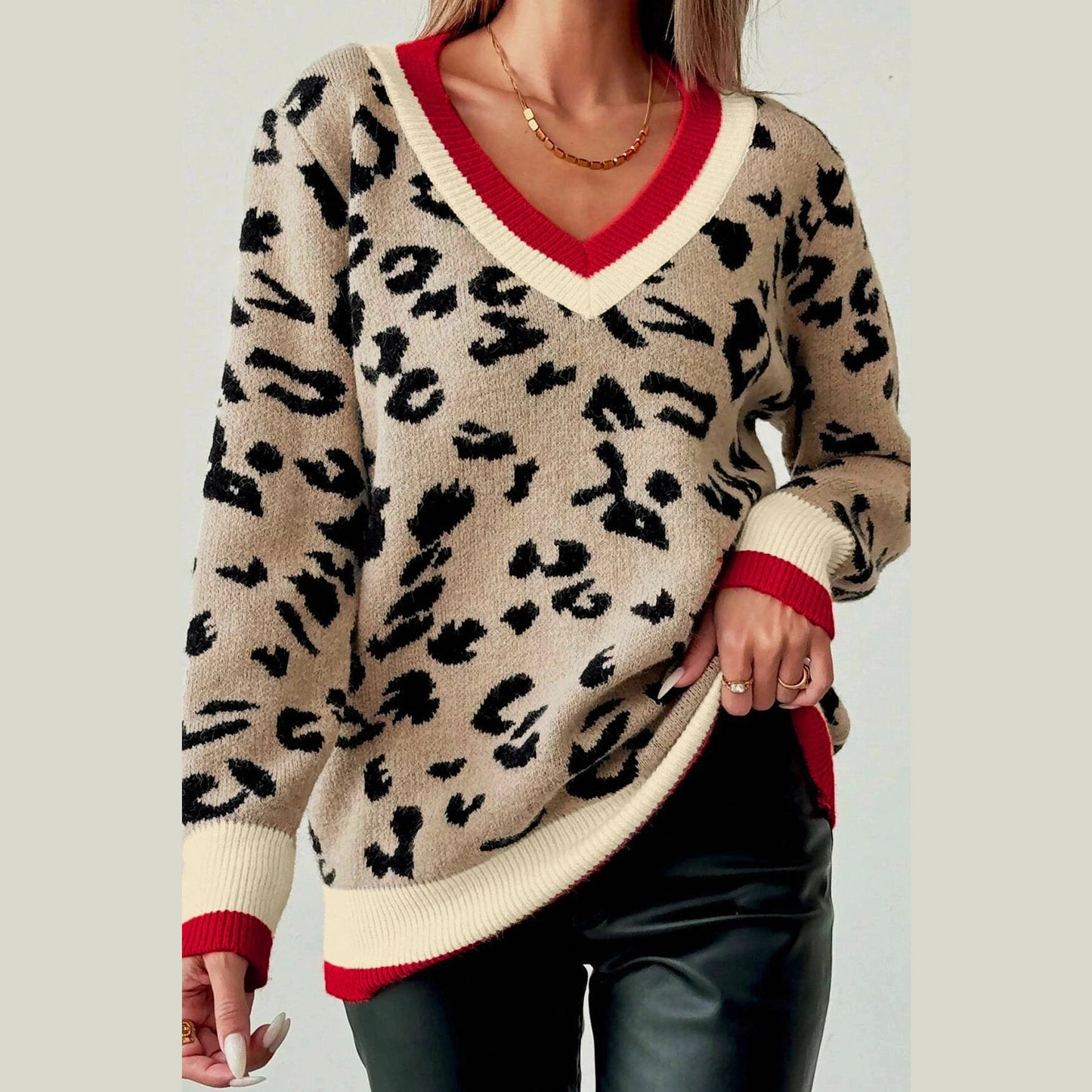 Lawayna Khaki Leopard Pattern V-Neck Contrast Rib Knitted Sweater