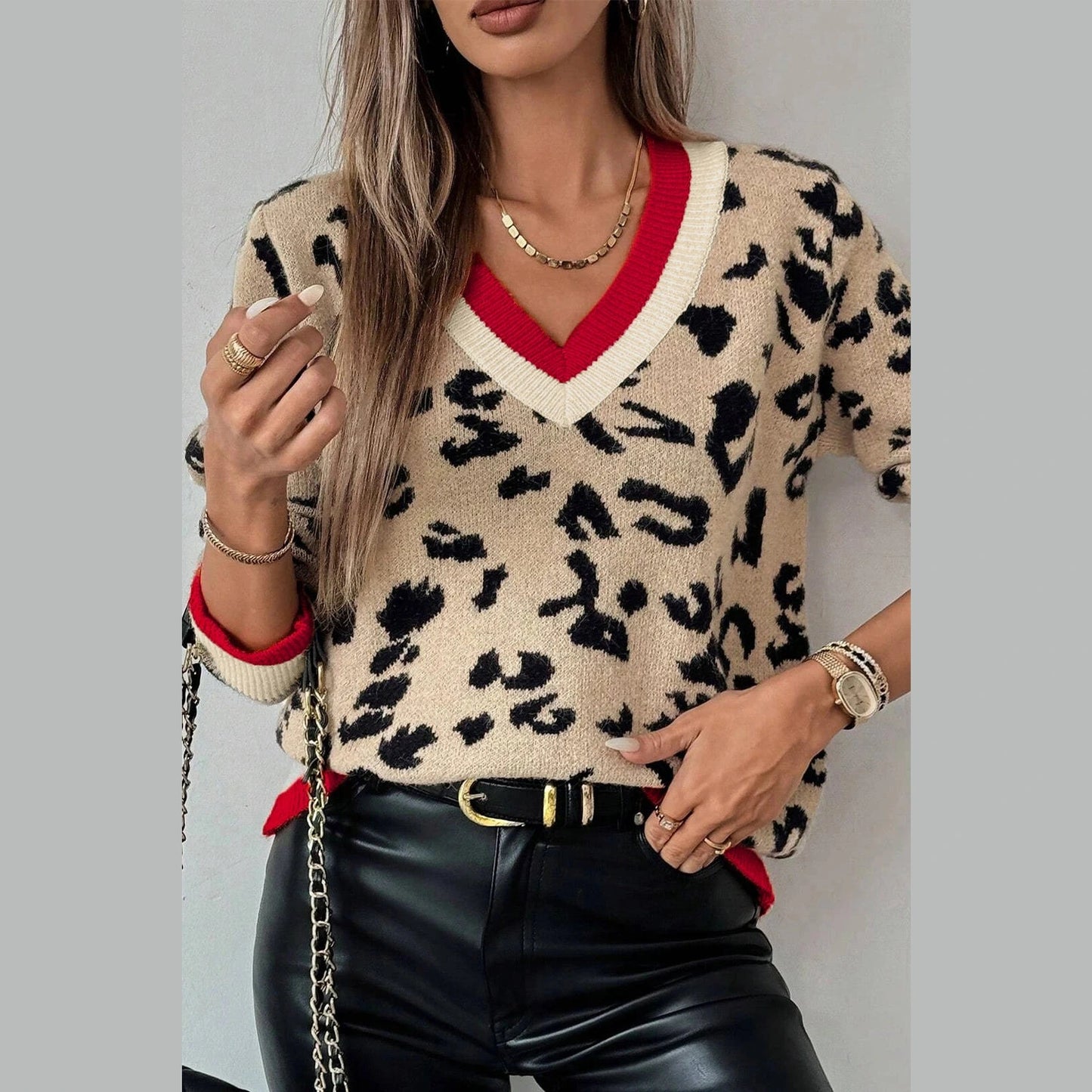 Lawayna Khaki Leopard Pattern V-Neck Contrast Rib Knitted Sweater