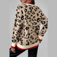Lawayna Khaki Leopard Pattern V-Neck Contrast Rib Knitted Sweater