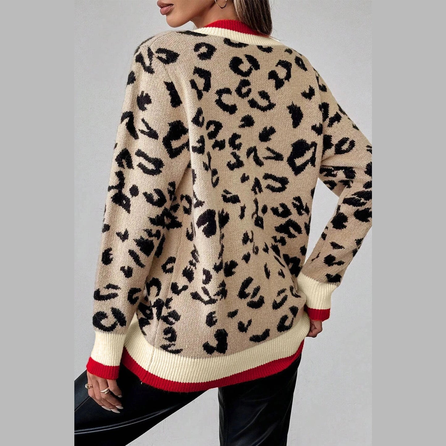 Lawayna Khaki Leopard Pattern V-Neck Contrast Rib Knitted Sweater