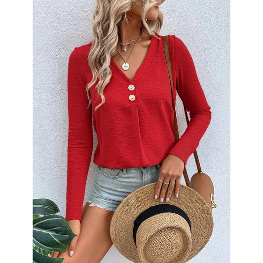 Leanna Red V Neck Faux Button Blouse