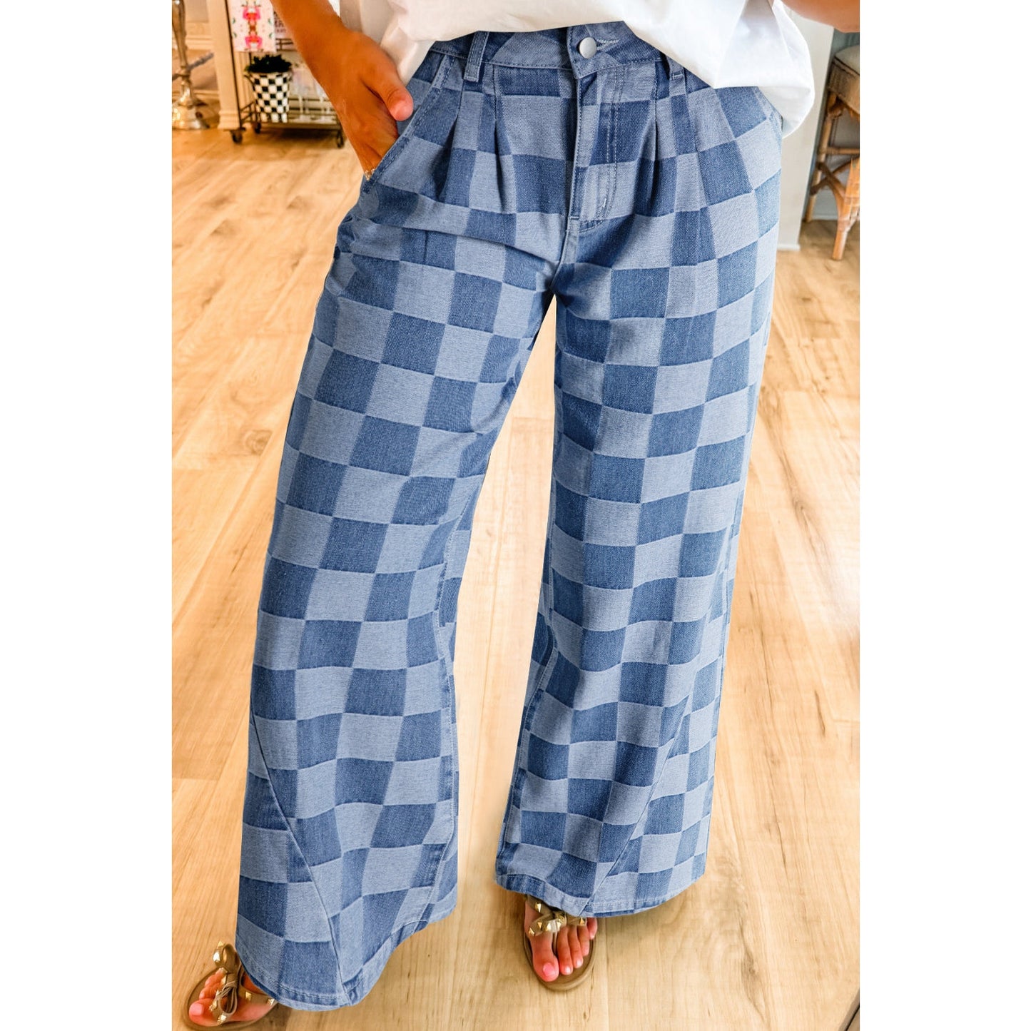 Leddi Dusk Blue Checkered Denim Wide Leg Jeans