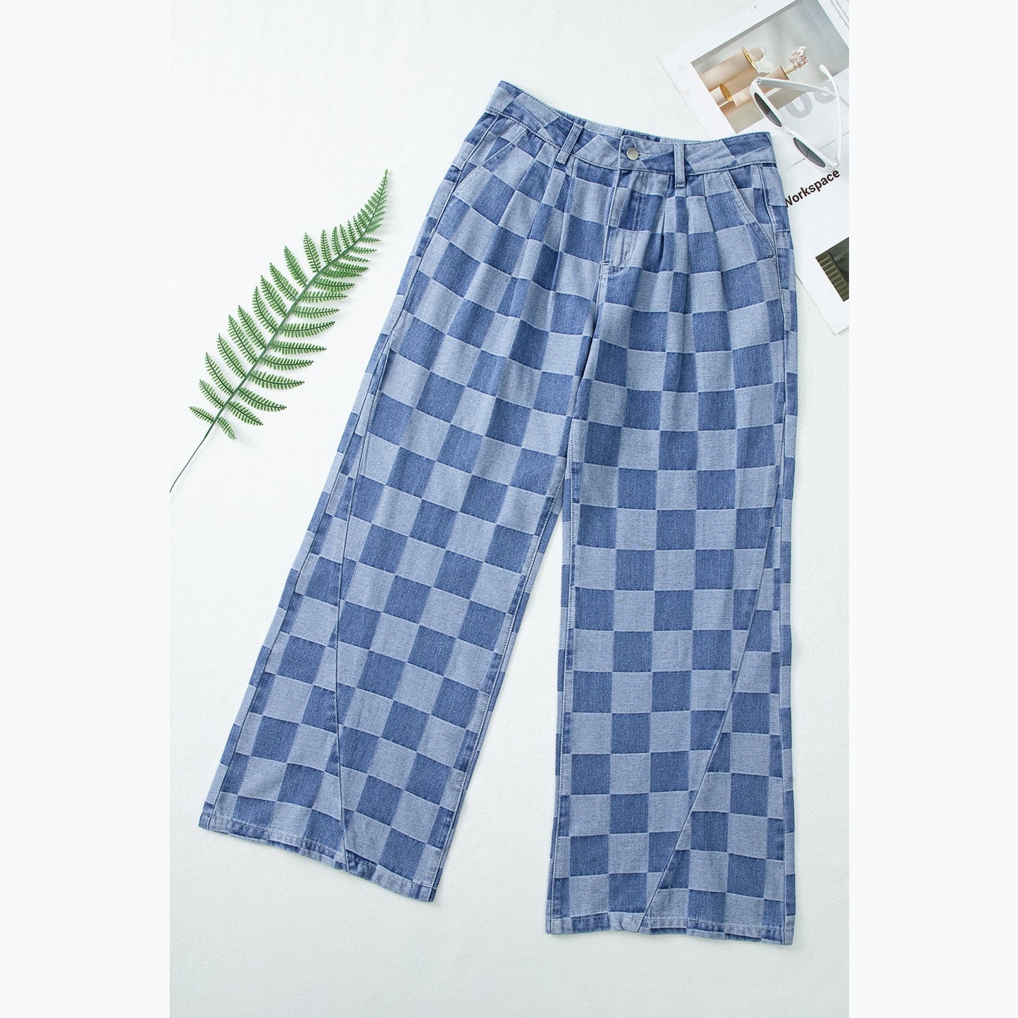 Leddi Dusk Blue Checkered Denim Wide Leg Jeans