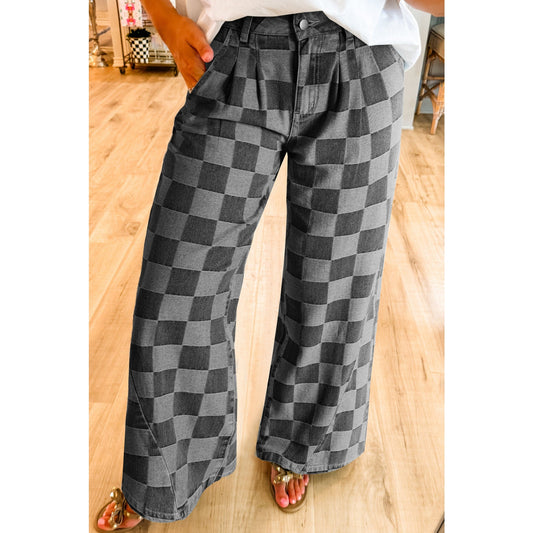 Leddi Grey Checkered Denim Wide Leg Jeans