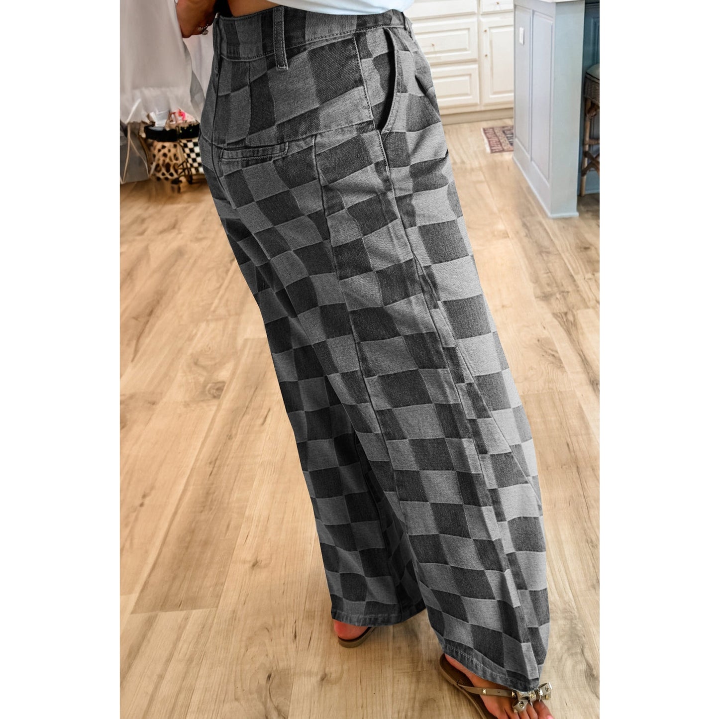 Leddi Grey Checkered Denim Wide Leg Jeans