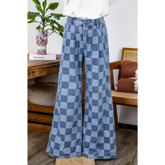 Leddi Dusk Blue Checkered Denim Wide Leg Jeans