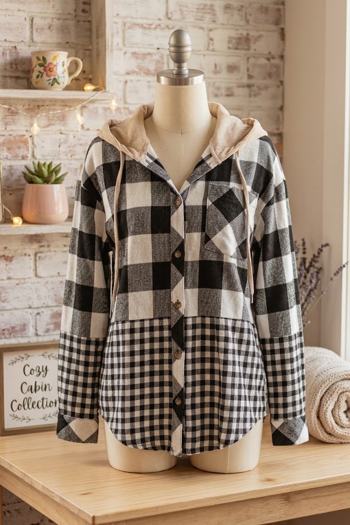 Leila Black Double Plaid Patchwork Drawstring Hooded Shacket