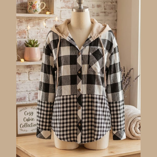 Leila Black Double Plaid Patchwork Drawstring Hooded Shacket