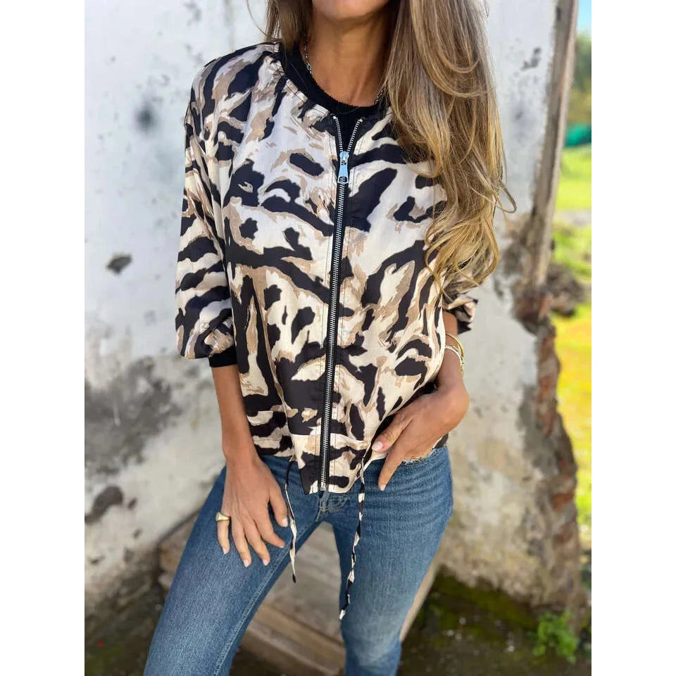 Calla Leopard Print Zip Up Bomber Jacket