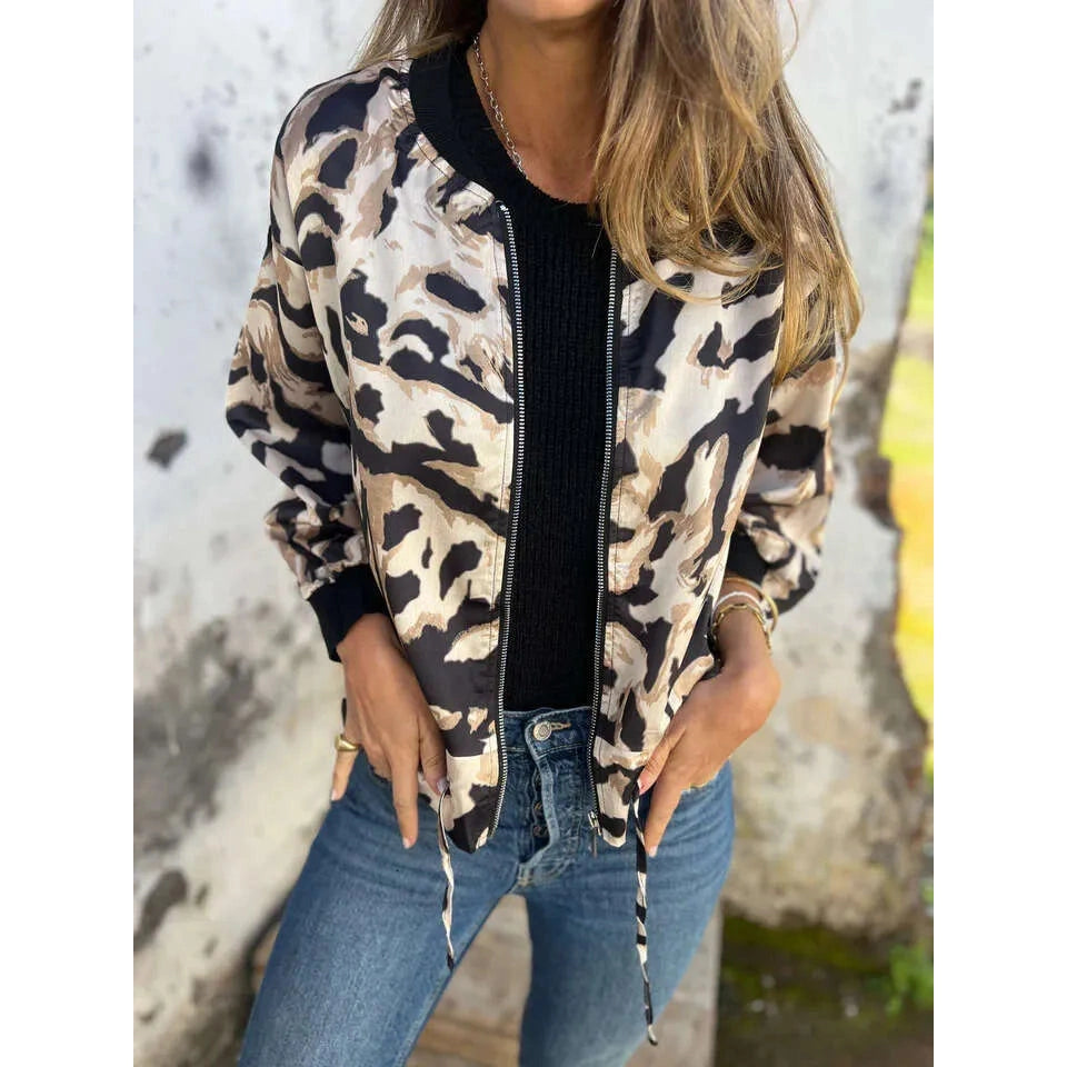 Calla Leopard Print Zip Up Bomber Jacket