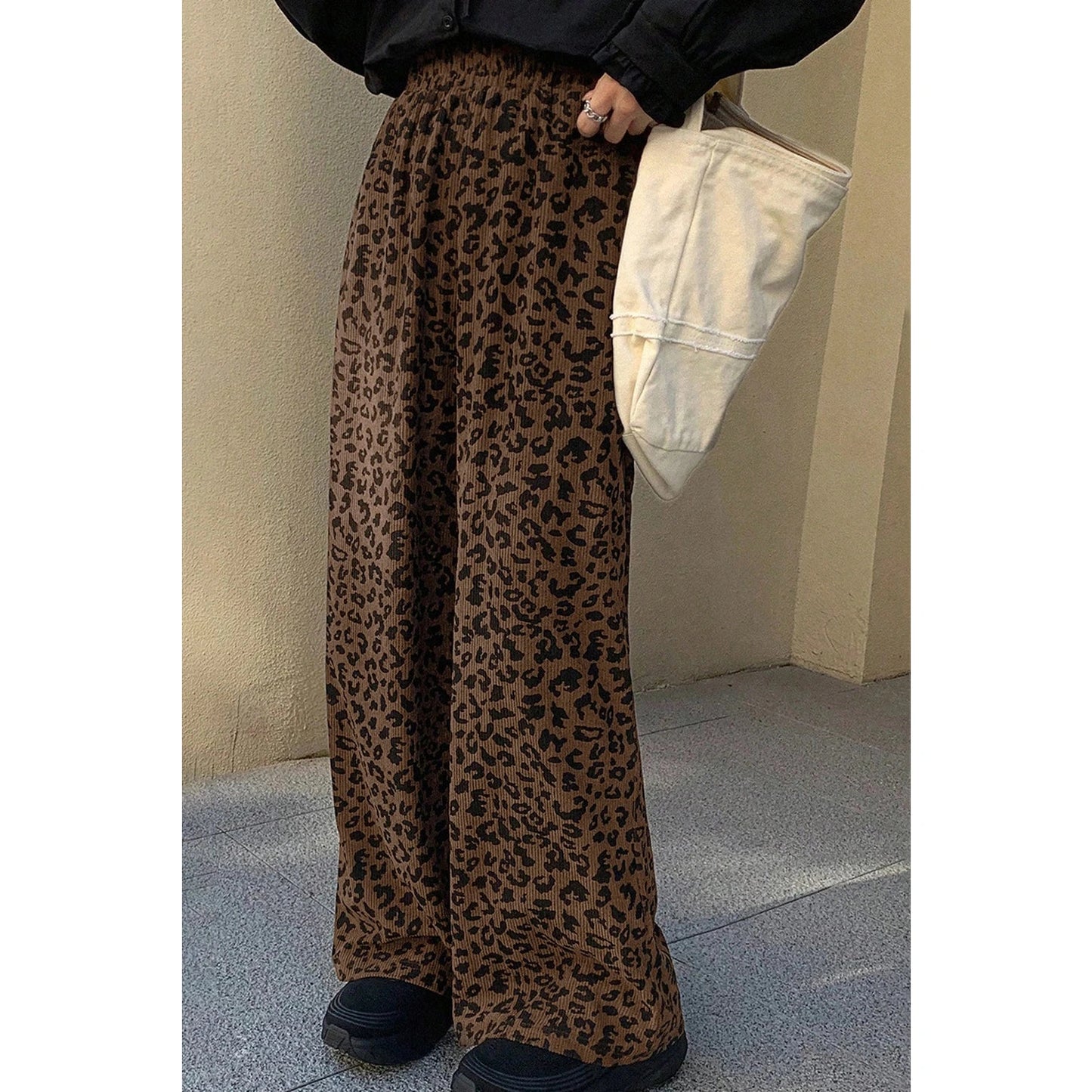 Skye Dark Brown Leopard Print Elastic High Waist Loose Corduroy Pants