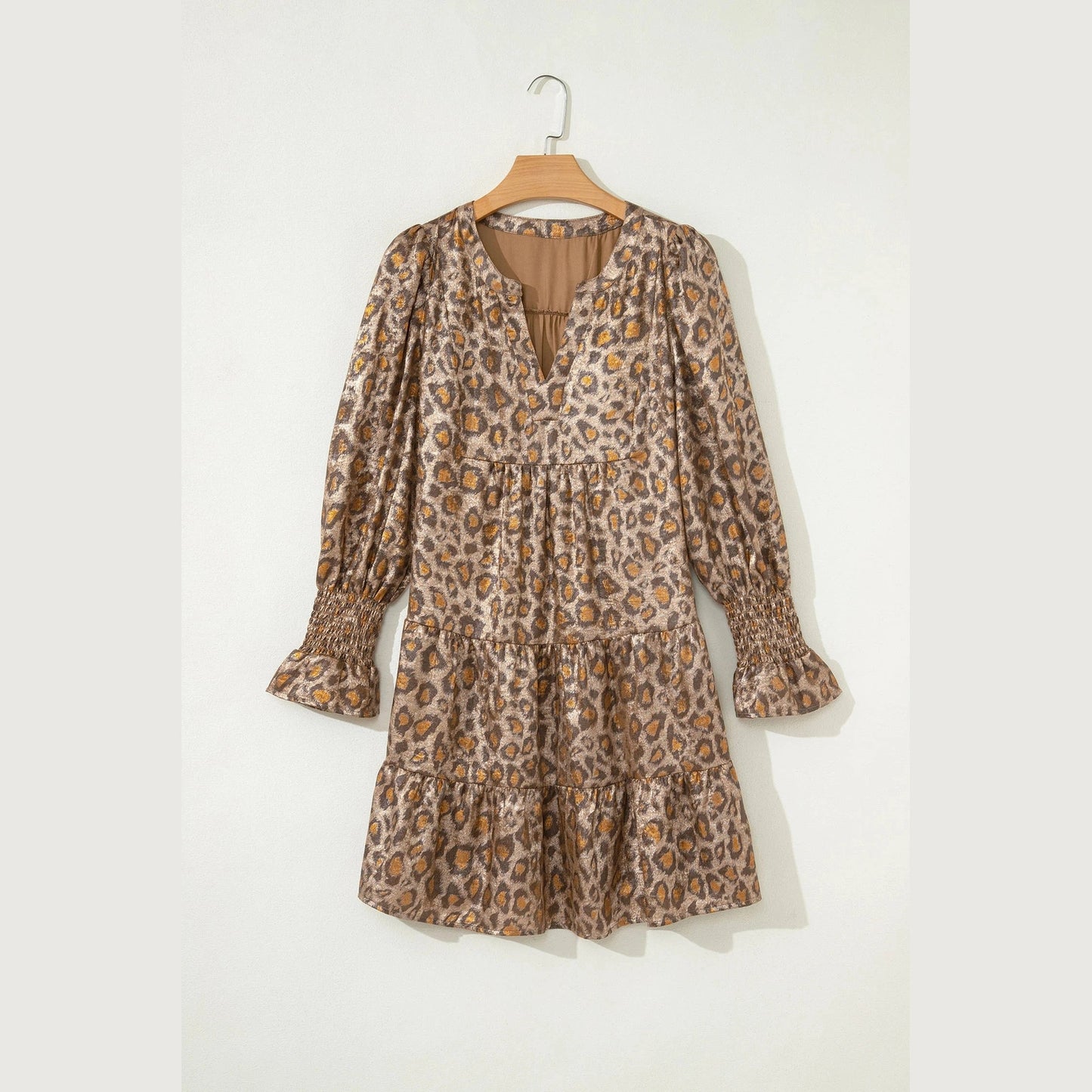 RTS Metallic Leopard Print V Neck Ruffled Sleeve Tiered Loose Mini Dress