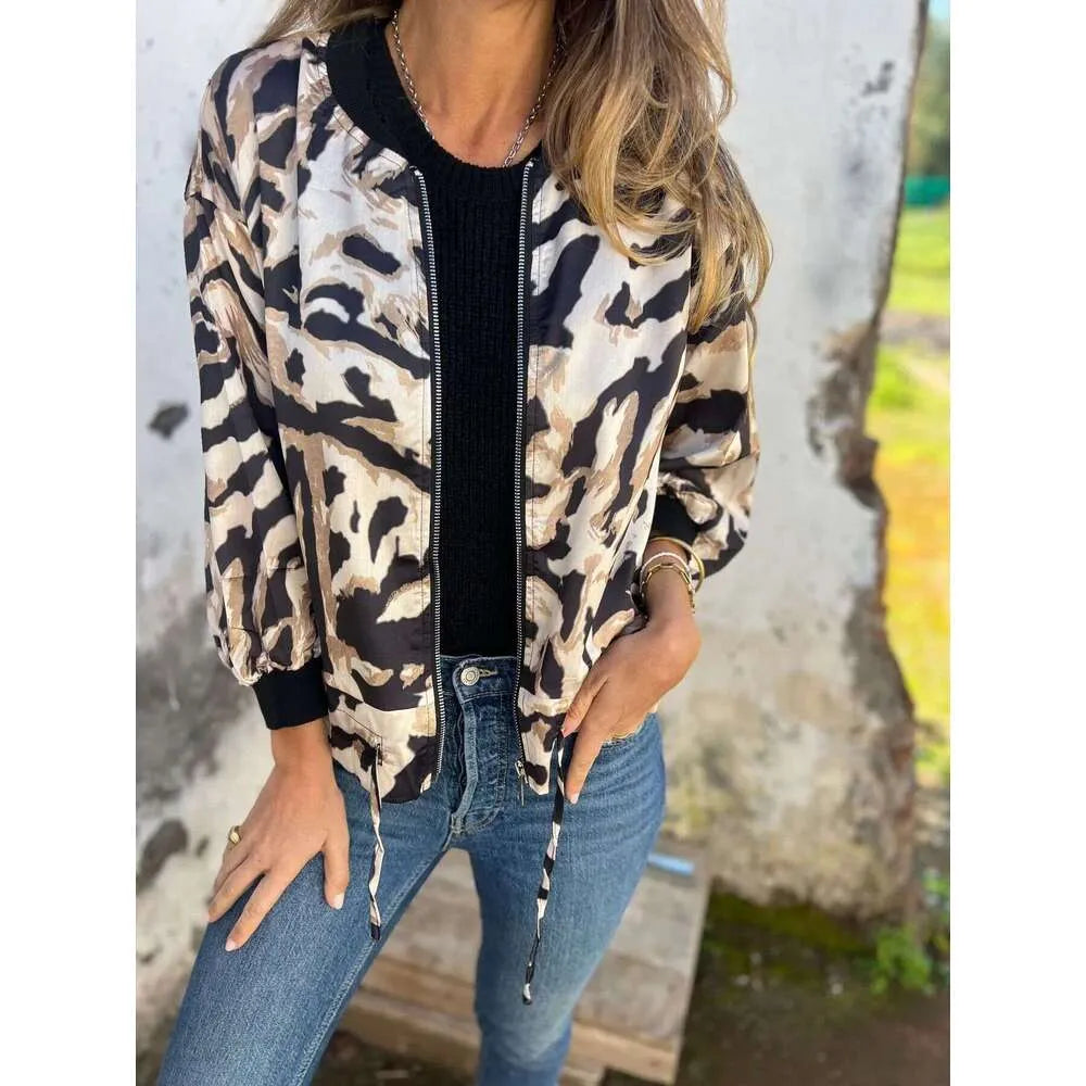 Calla Leopard Print Zip Up Bomber Jacket