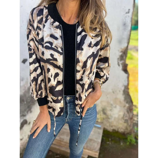 Calla Leopard Print Zip Up Bomber Jacket