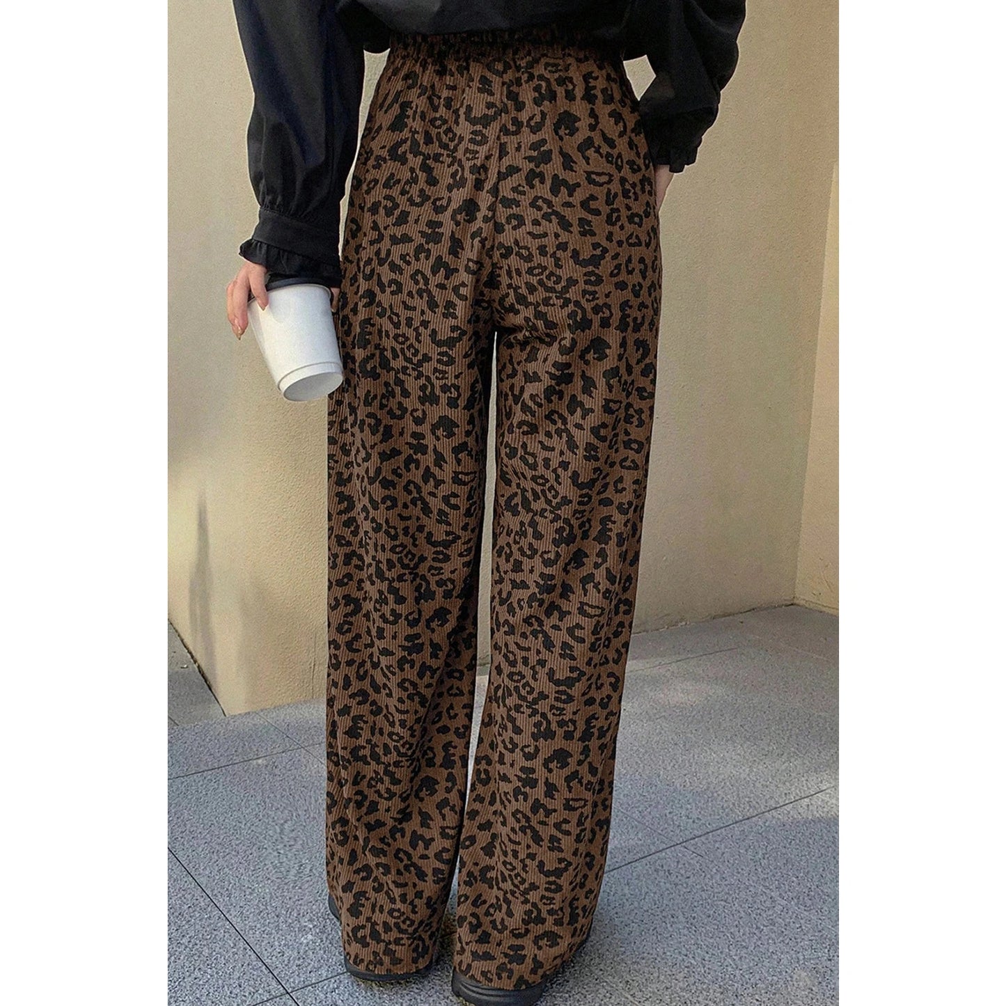 Skye Dark Brown Leopard Print Elastic High Waist Loose Corduroy Pants