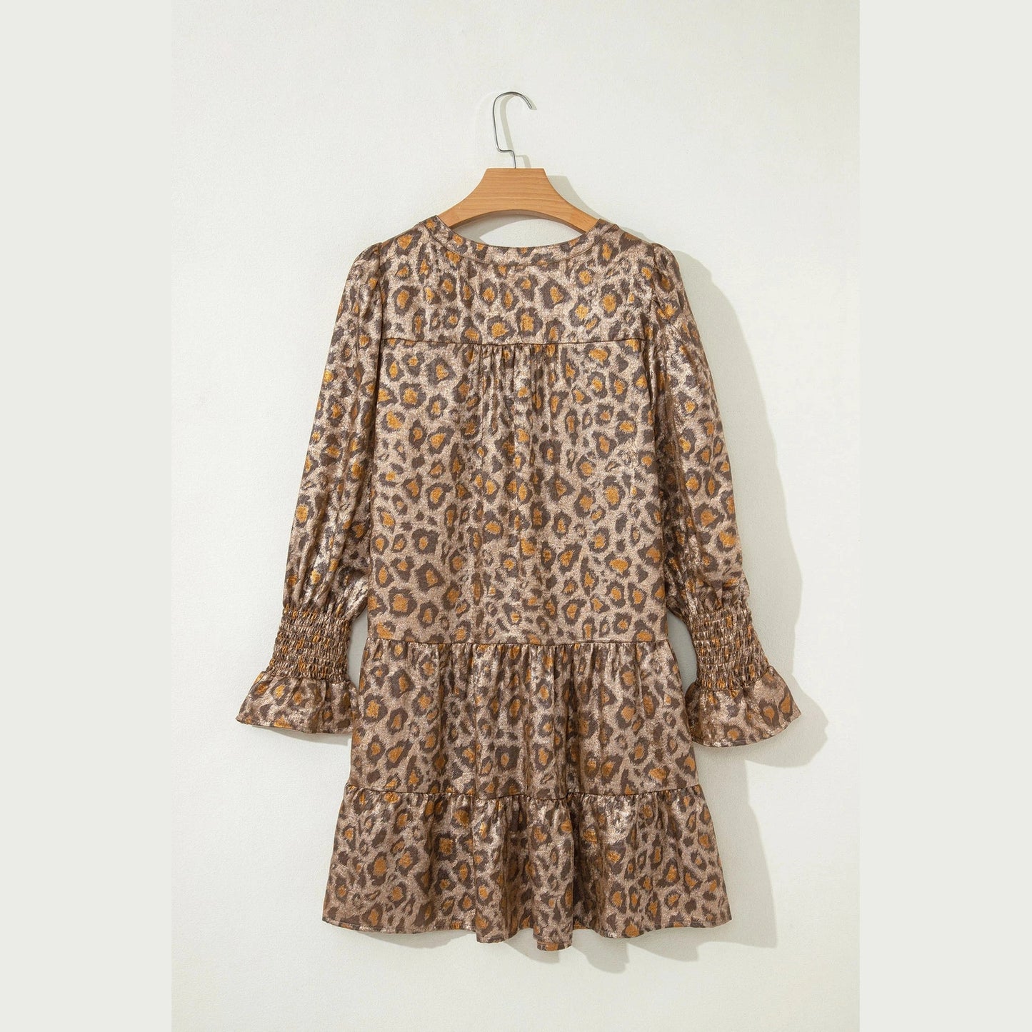 RTS Metallic Leopard Print V Neck Ruffled Sleeve Tiered Loose Mini Dress