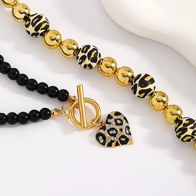 Leopard Print Double Layer Necklace With Gold Beaded Chain And Glass Beading Featuring Rhinestone Inlay