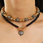 Leopard Print Double Layer Necklace With Gold Beaded Chain And Glass Beading Featuring Rhinestone Inlay