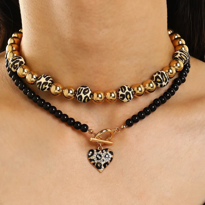 Leopard Print Double Layer Necklace With Gold Beaded Chain And Glass Beading Featuring Rhinestone Inlay