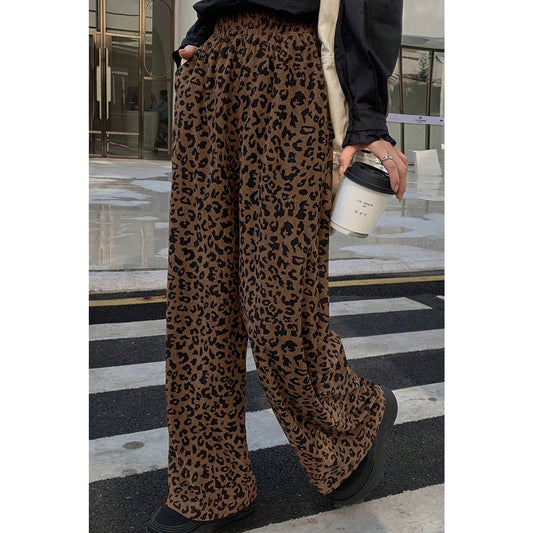 Skye Dark Brown Leopard Print Elastic High Waist Loose Corduroy Pants